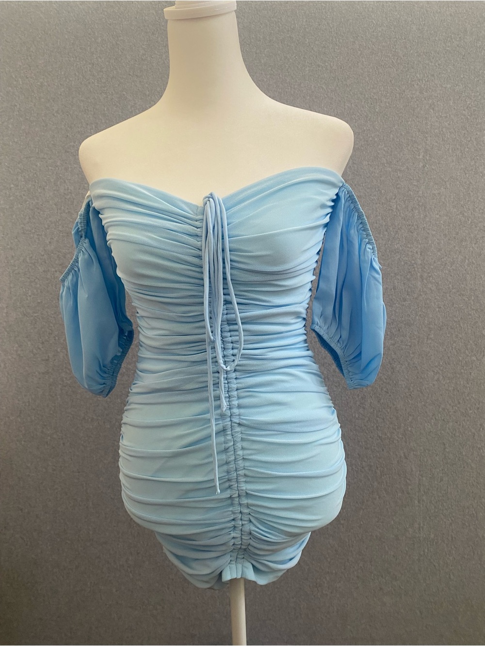 Hello Molly Orchid Fields Ruched Mini Dress Small Baby Blue Off Shoulder Bodycon